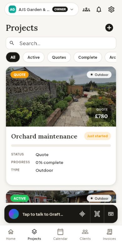 Graft projects list with real AJS Gardening project photography, live values and progress